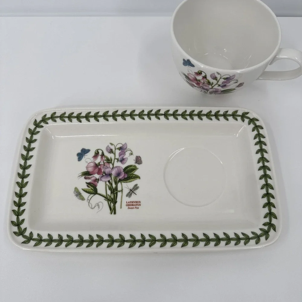 Portmeirion Botanic Garden Sweet Pea Snack Plate and Soup Mug Cup - Excellent